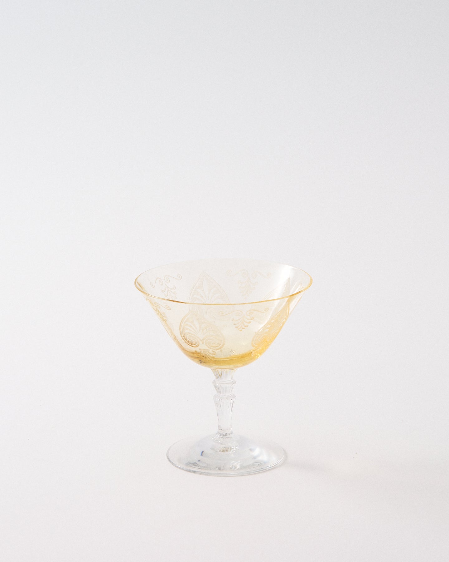 1930s American Etched Fleur-de-lis Topaz Low Waterfall Stem Cocktail Glass